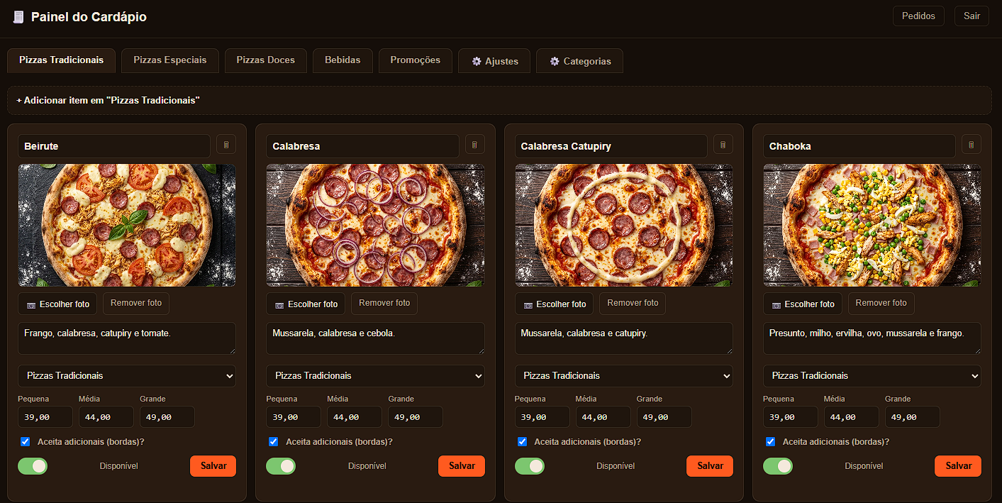 Painel de edição do cardápio com pizzas e preços por tamanho
