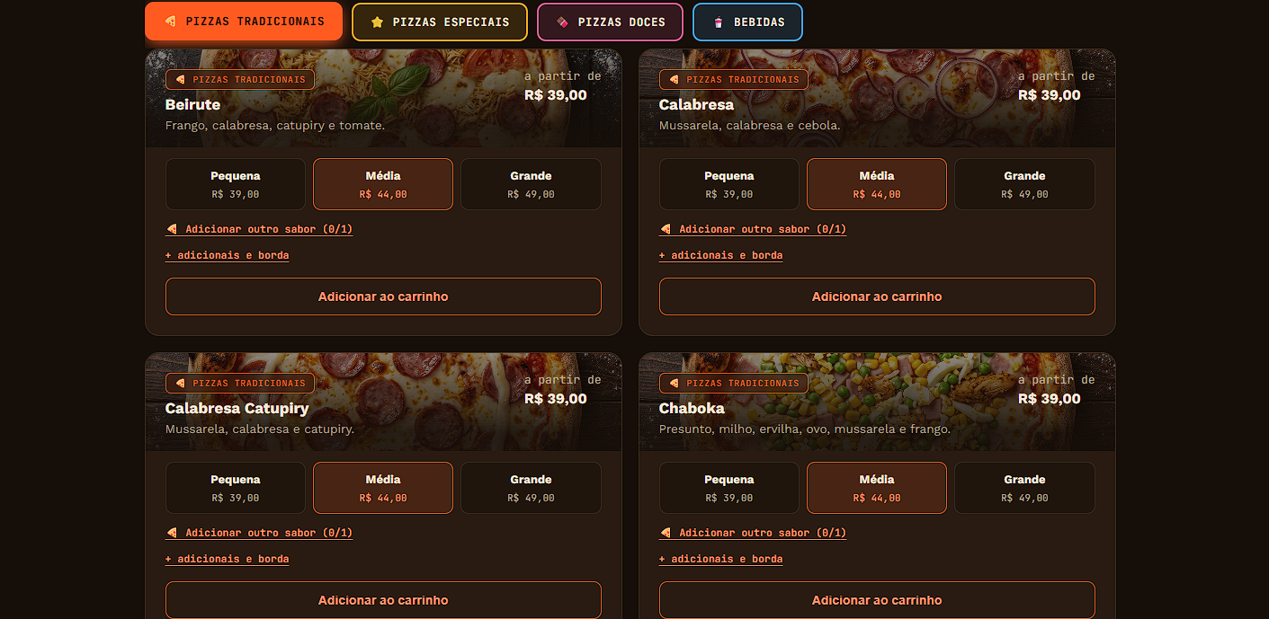 Página do cardápio com pizzas tradicionais